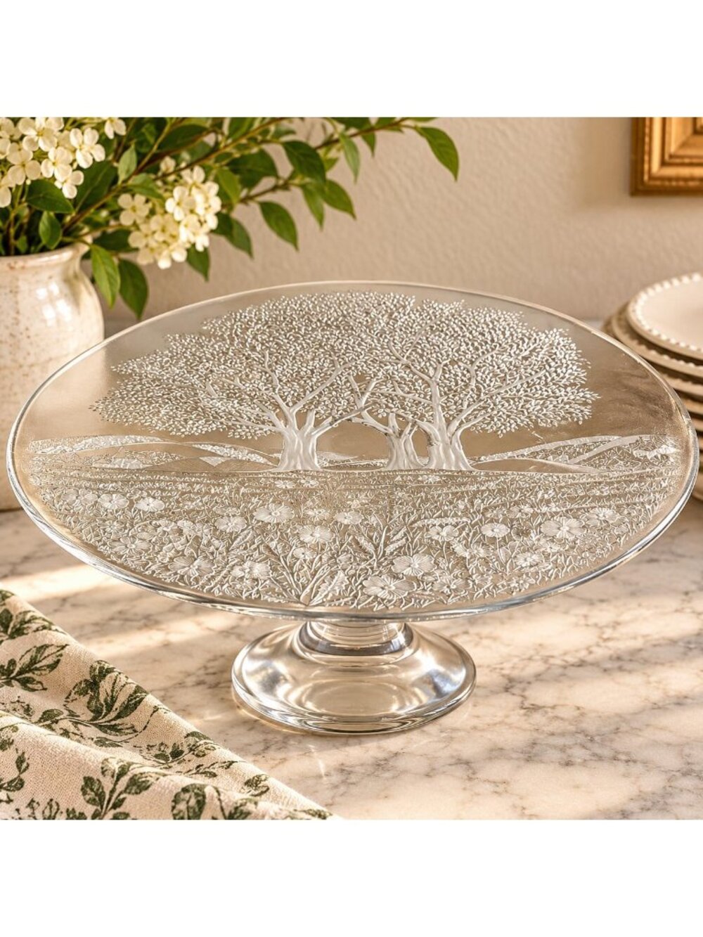 Etched Glass Cake Stand with Tree Landscape and Floral Garden Cupcake Display